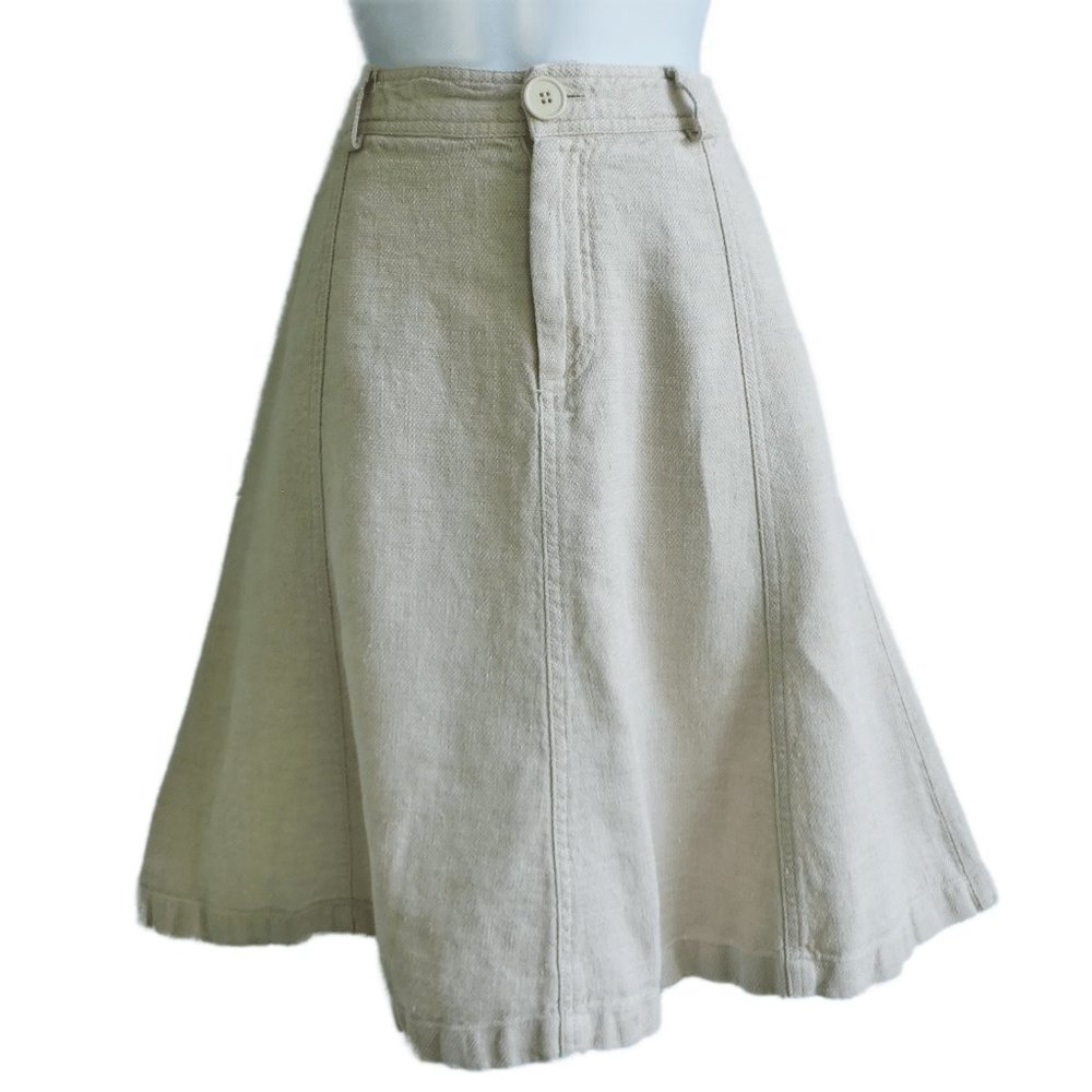 LiNeN Vtg Territory Ahead Panel A-Line Skirt Zip Fly Pockets Belt Loops Ecru 6P